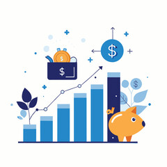 Fototapeta premium Financial growth chart with piggy bank and money illustrations