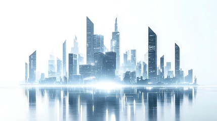 Fototapeta premium Futuristic City Skyline Under Misty Backdrop with Bold Architectural Silhouettes