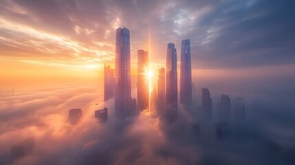 Fototapeta premium Futuristic Skyline of Towering Structures Emerging from Misty Fog at Sunset