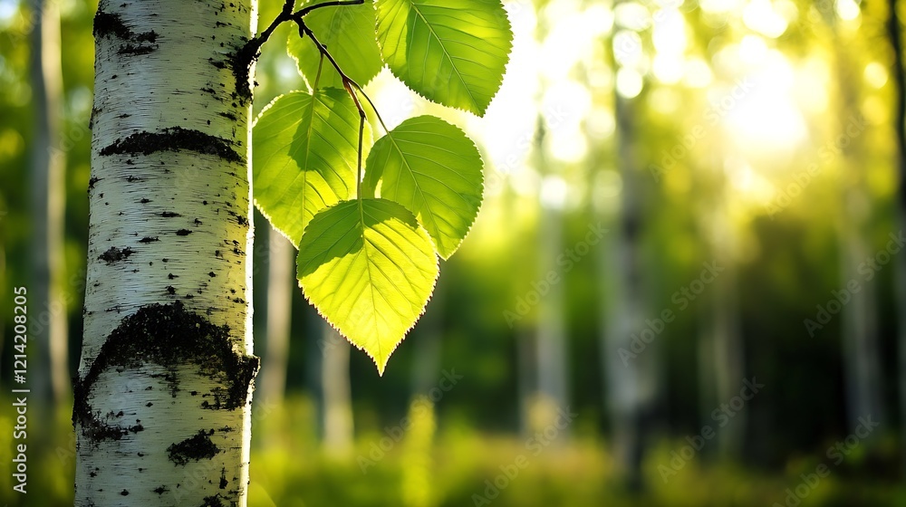 Poster Sunlit Summer Scene of Birch Tree with Fresh Leaves in a Idyllic Forest Setting : Generative AI