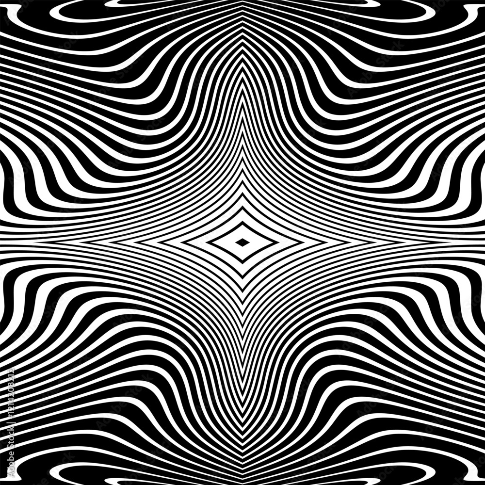Wall mural abstract symmetrical wavy lines pattern. black and white textured background. 3d illusion effect.