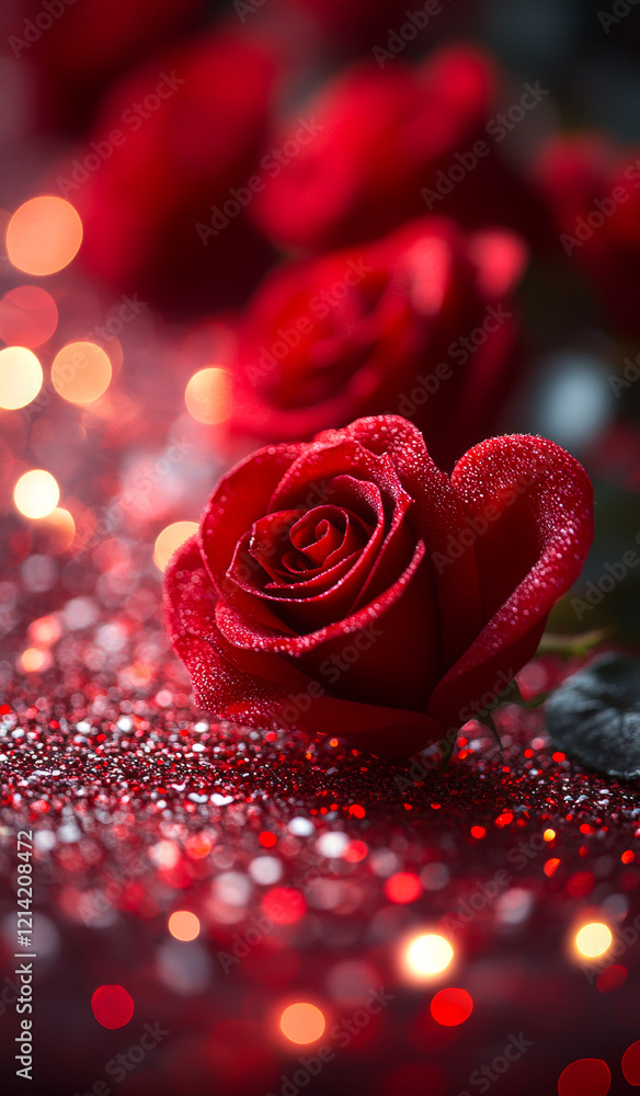 Poster red roses sparkling with light effects. close-up view of vibrant red roses adorned with sparkling em