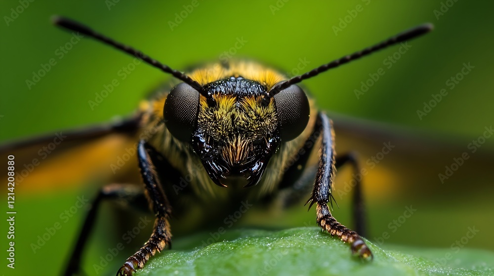 Poster detailed macro view of a hovering bee with prominent eyes and hairy texture on a vibrant green backg