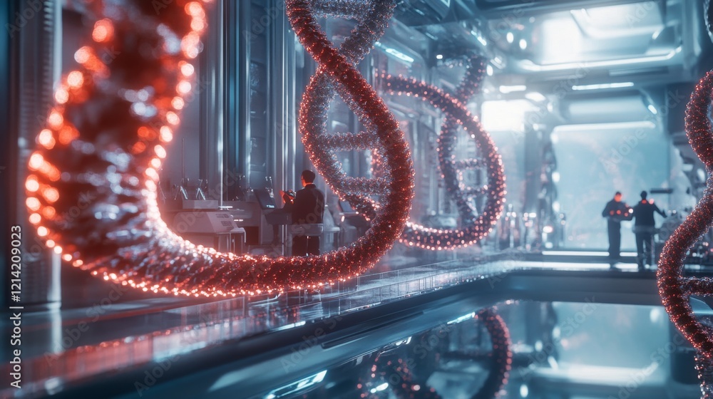Poster futuristic laboratory with abstract patterns and human interactions