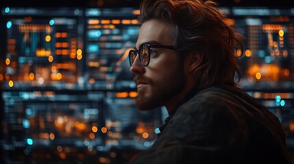 Focused young man programmer working late at night.