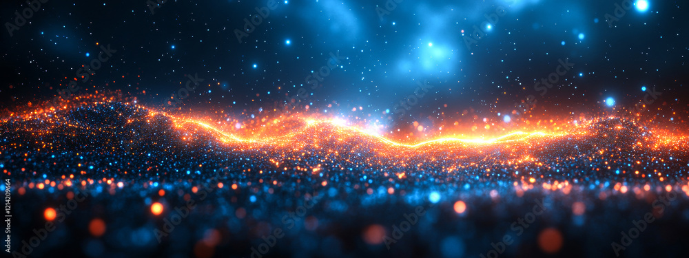 Poster bright particles sparkle in space. dazzling particles create a fiery edge against a starry backdrop 