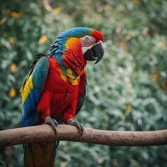 a macaw perched on a branch, its plumage a vibrant mix of red, yellow, blue, and green. 