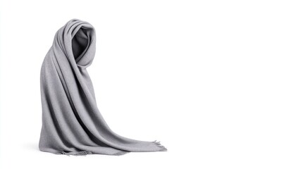 Naklejka premium Cozy gray blanket draped elegantly on a clean white background, perfect for home decor and comfort