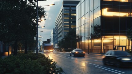 City street at dusk, traffic flowing, modern buildings