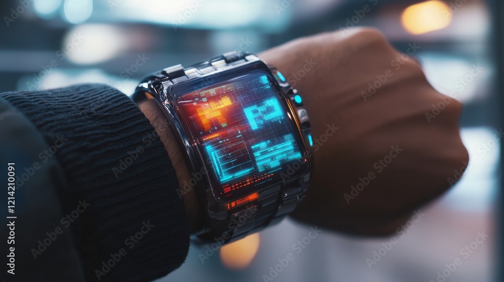 Poster futuristic smartwatch displaying data and notifications on wrist