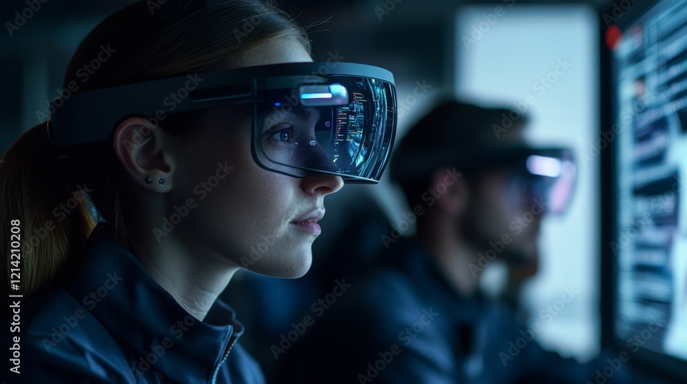 Poster female engineer using augmented reality glasses for data analysis