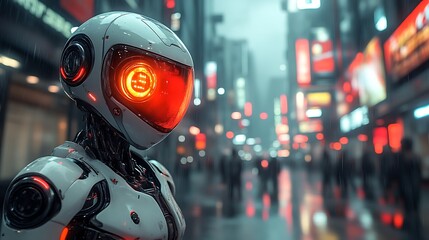 Futuristic robot in cyberpunk city.