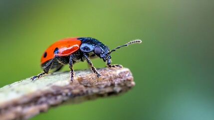 Fototapeta premium Vibrant Red and Black Ladybird Beetle on Wooden Twig in Nature : Generative AI