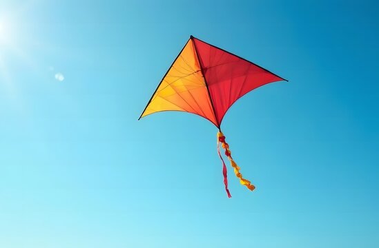 A kite flies in the blue sky
