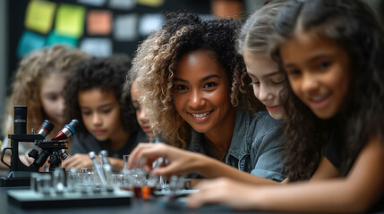 Smiling female teacher assists diverse elementary school girls in a science experiment, using microscopes and lab equipment.  Focus on learning, teamwork, and STEM education.