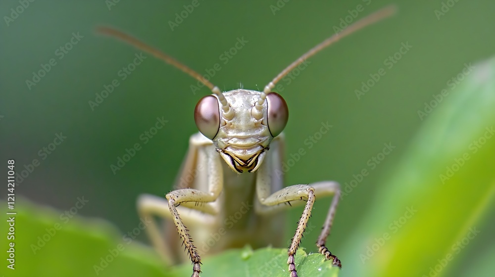 Poster Green Praying Mantis Close Up on Leaf with Soft Focus in Macro Photography : Generative AI