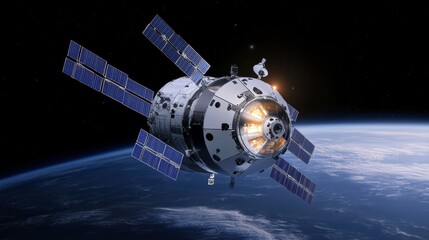 High-tech spacecraft with solar panels orbiting Earth in space