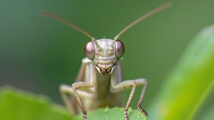 Fototapeta premium Green Praying Mantis Close Up on Leaf with Soft Focus in Macro Photography : Generative AI