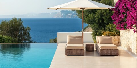 Two loungers with soft beige cushions under a white parasol, placed beside a crystal-clear pool in a villa overlooking the blue waters of the Mediterranean Sea
