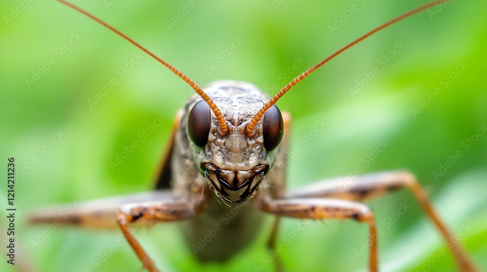 Poster Macro Shot of a Grasshopper Exhibiting Textural Details against Green Background : Generative AI