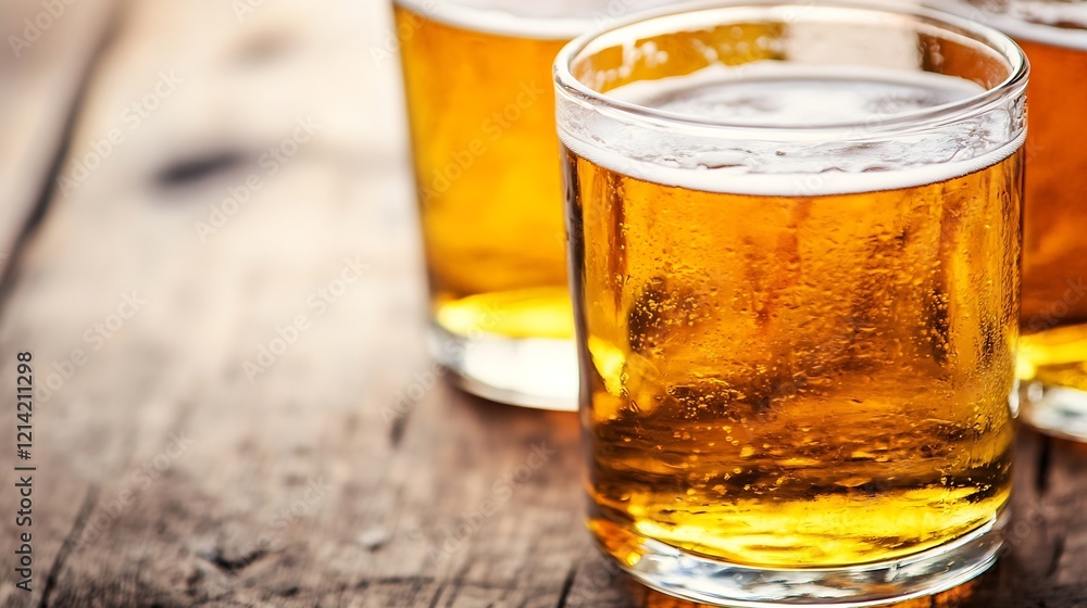 Poster refreshing cold beer in glasses on rustic wooden table with atmospheric background