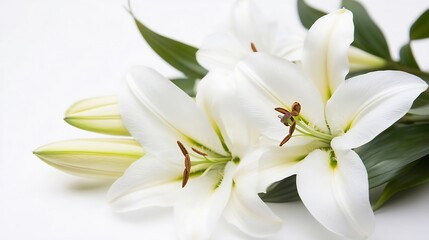 White Lily Flowers Arrangement on a Light Background with Lush Green Leaves and Natural Elegance