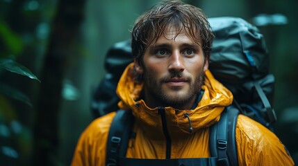 Adventurous Hiker in Vibrant Raincoat Exploring Lush Wilderness