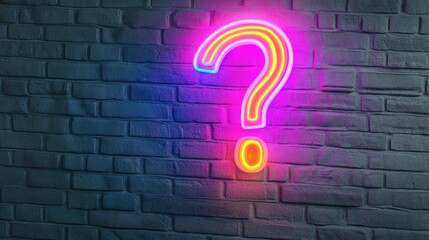 Neon sign in form of a question mark on a wall background representing questions session backdrop