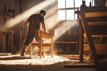 Carpenter building a wooden chair in a sunlit workshop, surrounded by sawdust, tools, and planks of wood. Generative AI