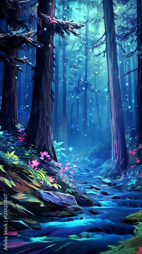 Poster enchanting forest with glowing flora and a calm stream under twilight