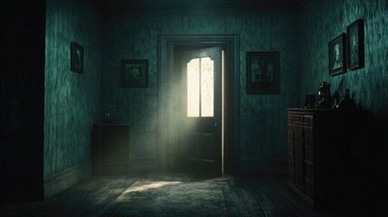 Open door with light going through it. Dark horror room