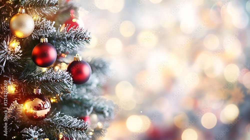 Poster festive christmas tree with red and gold ornaments and soft glowing lights : generative ai