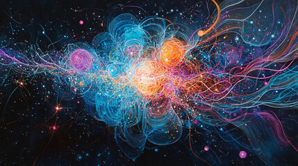An abstract representation of a cosmic collision showing vibrant energy waves and particles in a mesmerizing interplay of light and color
