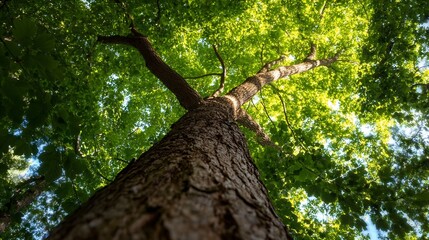 Fototapeta premium Majestic View Looking Upwards into Vibrant Canopy of Towering Tree in Sunlight