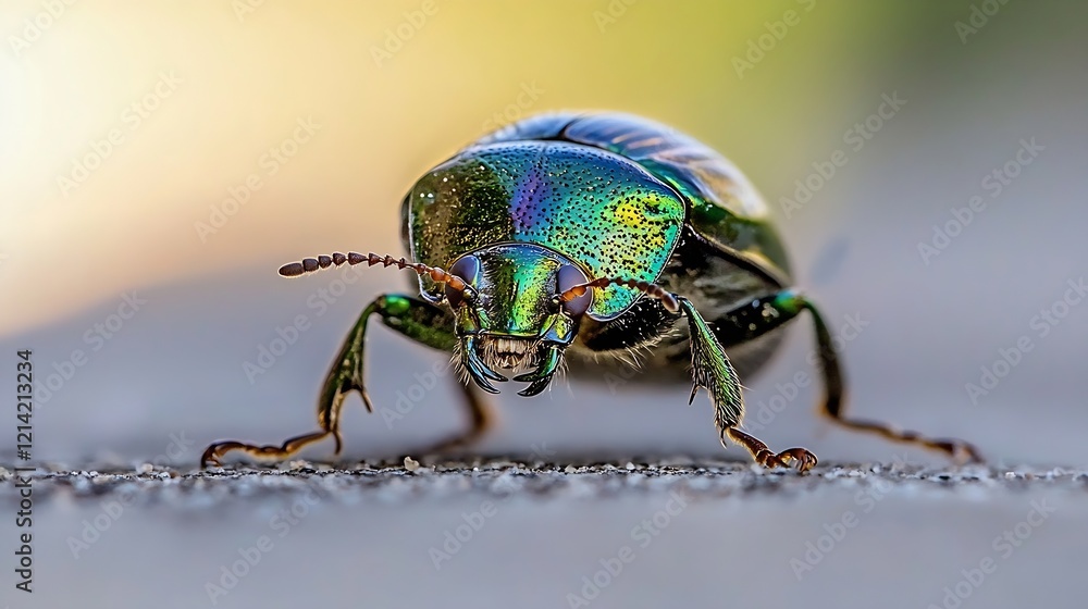 Poster detailed closeup of colorful metallic beetle with vibrant reflections on stone surface : generative 
