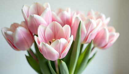 Obraz premium Elegant and soft tulip bouquet with pastel pink petals arranged delicately in a clear vase