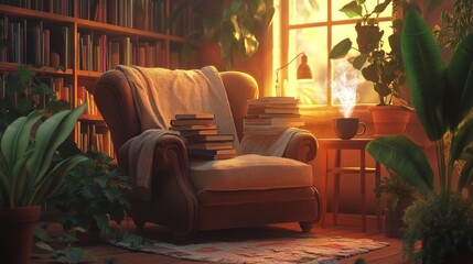 Cozy sunrise library chair, books, plants, warm light, reading