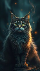 Obraz premium A Maine Coon Cat with Golden Eyes in a Dark Forest