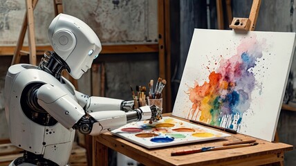 Robot artist with brush in hand observes cat painting and watercolor stains on white paper and wooden board.
