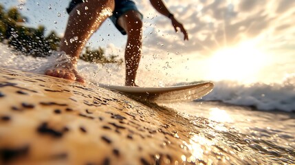 Surfer riding wave sunset ocean beach