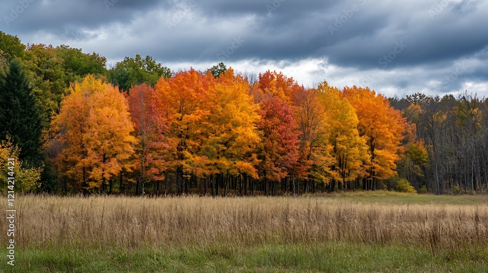 Poster vivid orange autumn trees lined under cloudy sky in open field : generative ai
