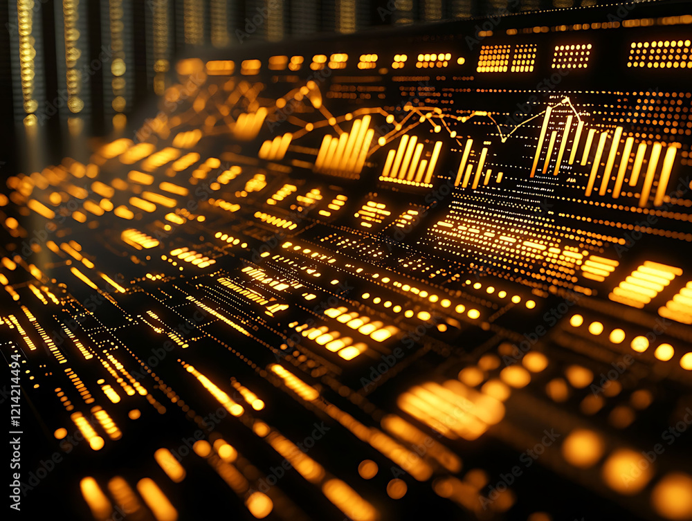 Poster abstract futuristic tech interface showcasing glowing orange data streams and dynamic graphs. ideal 