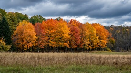 Fototapeta premium Vivid Orange Autumn Trees Lined Under Cloudy Sky in Open Field : Generative AI