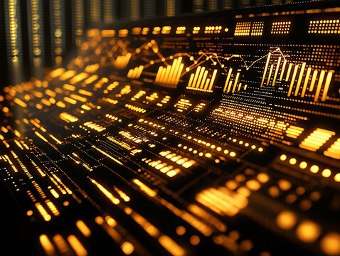 Abstract futuristic tech interface showcasing glowing orange data streams and dynamic graphs. Ideal for illustrating concepts of big data, AI, finance, technology, and innovation.