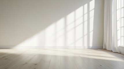 Fototapeta premium Minimalist Sunlit Room with Light Hardwood Flooring and Elegant White Walls