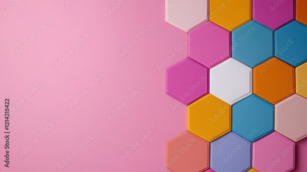 Poster Colorful Hexagon Pattern: A vibrant arrangement of hexagonal shapes in various pastel hues against a soft pink background, offering a playful and geometric design with ample copy space.