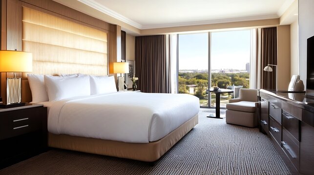 Luxurious Hotel Bedroom with Window View and Modern Interior Design Accents
