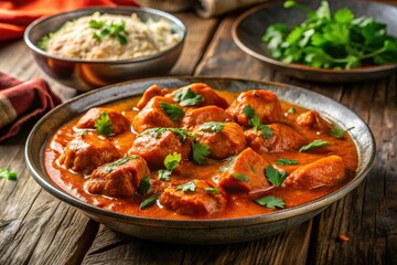 Fototapeta premium Sizzling Chicken Tikka Masala: vibrant photography captures the restaurant's spicy curry, showcasing masterful food styling.