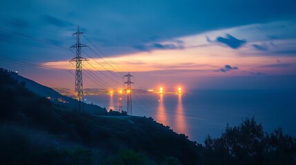 Obraz premium Picturesque Coastal Power Lines at Dusk over Calm Ocean View : Generative AI