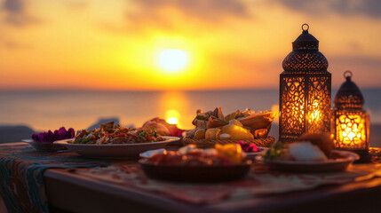 Romantic dinner on the beach during a stunning sunset with traditional food and lanterns
